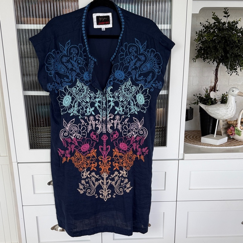 Johnny Was linen Navy embroidered tunic